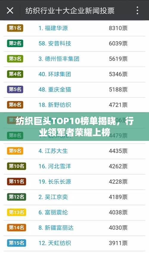 纺织巨头TOP10榜单揭晓，行业领军者荣耀上榜